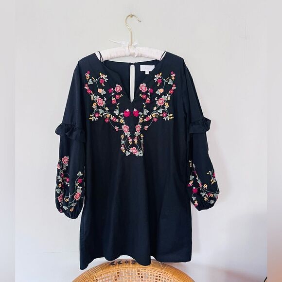 Evereve Braeve Ruffle Sleeve Floral embroidered Dress black size large - Picture 2 of 9